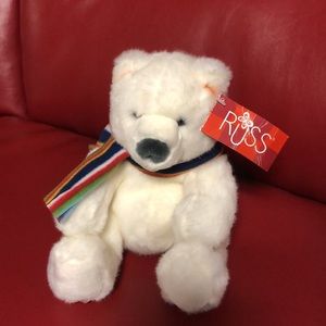 Vintage RUSS Teddy Bear with rain bow scarf